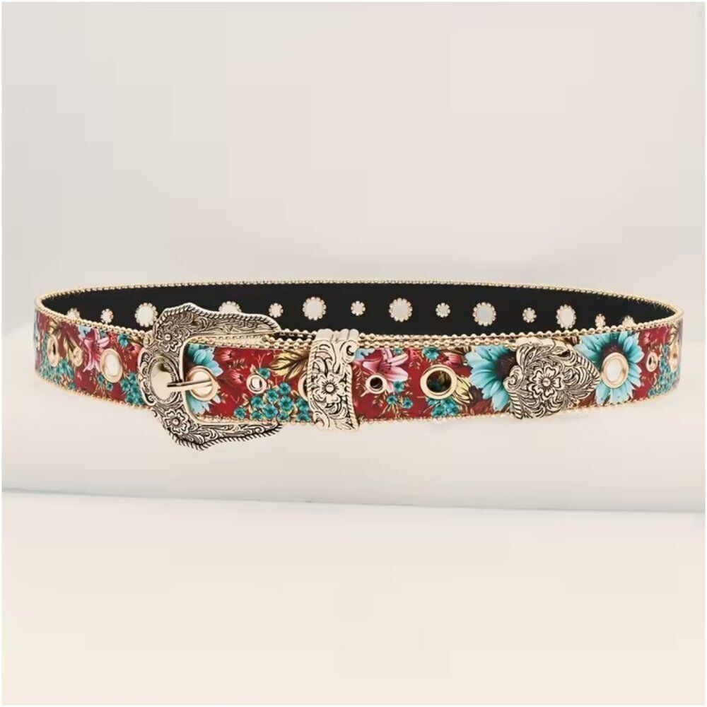 Vintage Style Floral Western Belt Boho Cowgirl Gold Engraved Carved Buckle S - Picture 6 of 7